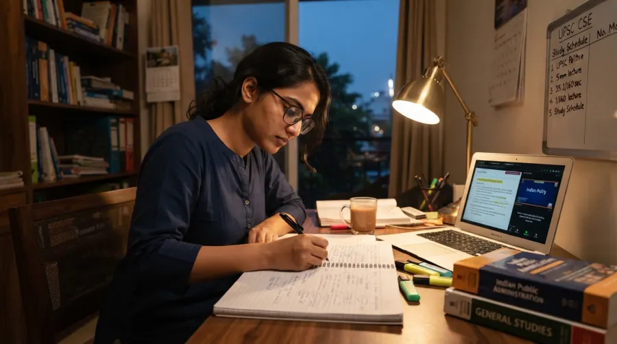 Una opositora estudiando de noche en su escritorio